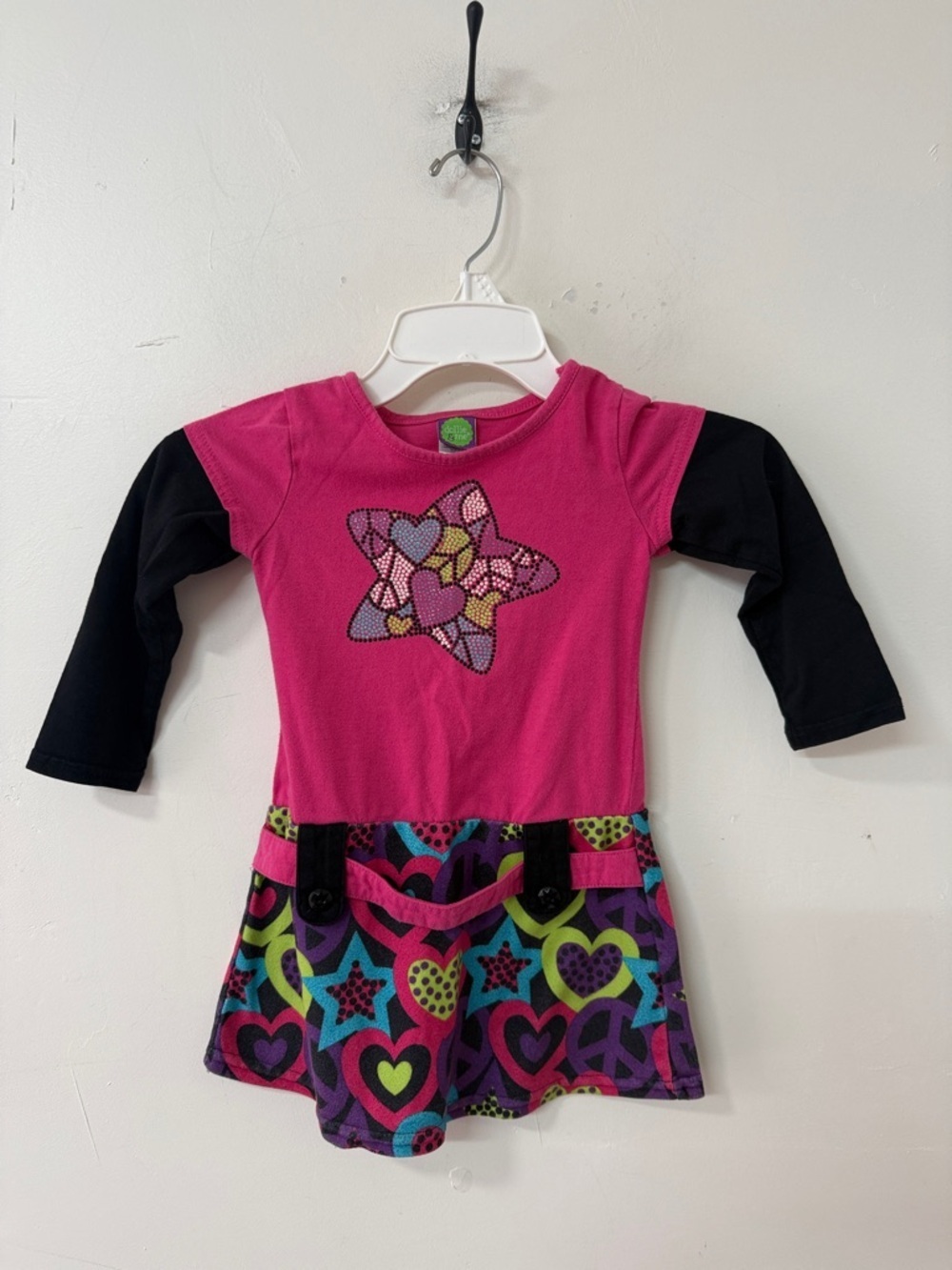 Dollie & Me Pink and Black Dress with Multicolor Heart-Star Skirt Y2K